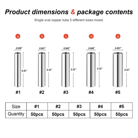 Copper Barrel Crimp Sleeves Kit 250 Pieces 5 Sizes product dimensions and package contents diagram