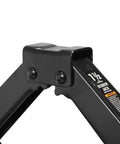 Close-up of Compact Steel Scissor Lift Jack For Cars, 1.5 Ton (3,000 Lb) Capacity, black metal structure and label visible