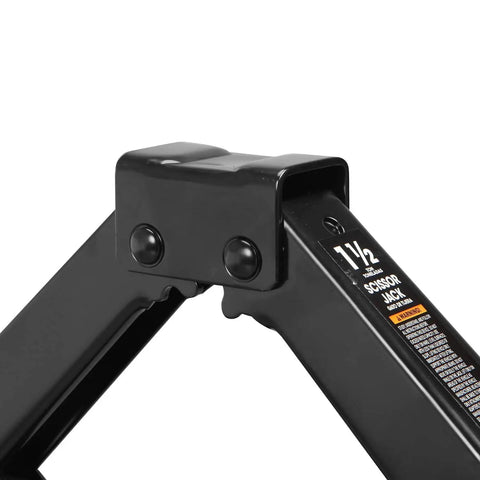 Close-up of Compact Steel Scissor Lift Jack For Cars, 1.5 Ton (3,000 Lb) Capacity, black metal structure and label visible