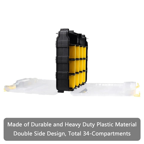 Double Sided Tool Organizer Box With 34 Compartments And Removable Dividers Clear Lid angled view with yellow partitions