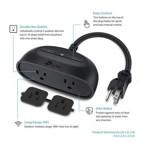 Outdoor Smart Plug 2 Pack With Independent Dual Outlets IP64 Weatherproof 15A Per Outlet Long WiFi Range Works With Alexa Google Home IFTTT No Hub Required ETL Certified shown with features.