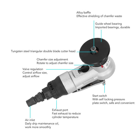 Mini Pneumatic Chamfering Machine For 45 Degree High Precision Blade Type Air Beveling With 30K Rpm Speed showing tungsten blade and adjustments.