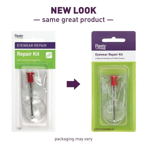 New packaging for Eyeglass Repair Tool Kit With Small Screwdriver, Spare Screws, Magnifying Glass, Screw Guide, and Universal Storage Pouch