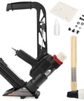 Two In One Pneumatic Flooring Nailer And Stapler For Hardwood And Engineered Floors With Fifteen And A Half Gauge Staples And Sixteen Gauge L Cleats From One And A Half To Two Inches Interchangeable Plates Reach Handle And Rubber Mallet Included