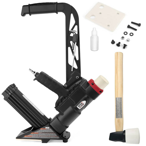 Two In One Pneumatic Flooring Nailer And Stapler For Hardwood And Engineered Floors With Fifteen And A Half Gauge Staples And Sixteen Gauge L Cleats From One And A Half To Two Inches Interchangeable Plates Reach Handle And Rubber Mallet Included