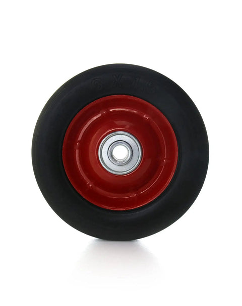 Close-up of a two pack six inch hand truck wheel with half inch axle premium rubber wheel ball bearing smooth roll and red center