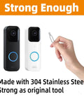 Must Have Two Pack Security Key For Doorbell Mount And Battery Replacement shown with hand holding tool near two video doorbells