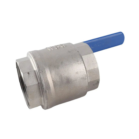 Two Inch Full Port Ball Valve Crafted From Premium 304 Stainless Steel For Heavy Duty Plumbing Jobs That Deliver Rock Solid High Pressure Flow Complete Rust Resistance And Truly Hassle Free Operation, showcasing stainless steel body with blue handle.