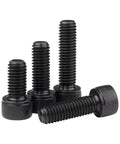 Premium Grade 14.9 Alloy Steel Hex Socket Head Cap Screws M1.4 X 6mm Black Oxide Coating 30 Pack, four bolts displayed.