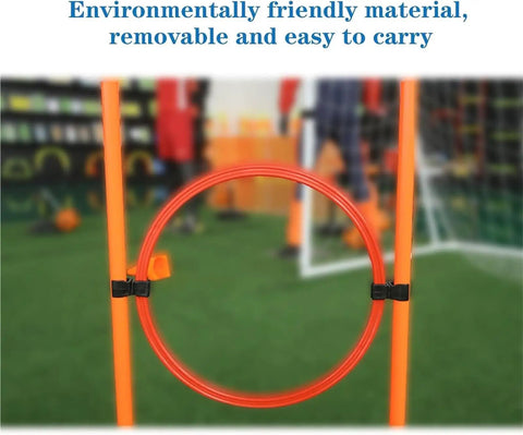 Close-up of drone racing obstacle course kit with orange plastic hoop, highlighting environmentally friendly material.