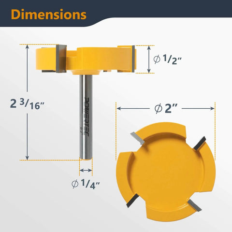 Slab Flattening Router Bit, One Quarter Inch Shank, Two Inch Diameter, One Half Inch Cutting Depth, carbide-tipped, side view with dimensions