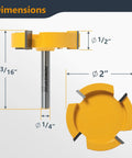 Heavy Hitter Two Inch Slab Flattening Router Bit With Quarter Inch Shank And Sharp Carbide Tips Cutting Straight Through Slabs For Smooth Flat Finishes And Knockout Professional Woodworking Quality dimensions illustration.