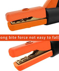 500 Amp Heavy Duty Welding Electrode Holder With Firm Grooved Jaw Grip For Five Eighths To Seven Sixteenths Inch Electrodes Brass Construction Uses Number One AWG Cable For Ten To Twenty Feet Lead Arc Welder Projects And True American Design, close-up of grooved brass jaw grip with strong bite force