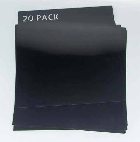 Front view of 20-pack black 12x12 inch stencil sheets, opaque PET plastic for Cricut use