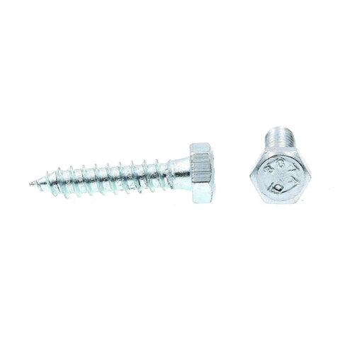 Beefy Heavy Duty Hex Lag Screws 5/16 Inch By 1-1/2 Inch A307 Grade Zinc Plated Steel 50 Pack shown in close-up, with hex head and deep threads
