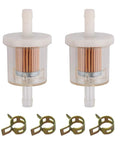 See-Through 40 Micron Fuel Filter For Lawn Mowers, 1/4 Inch Hose, Pump-Ready Fit For Engines With Fuel Pumps, 2 Pack, with clips