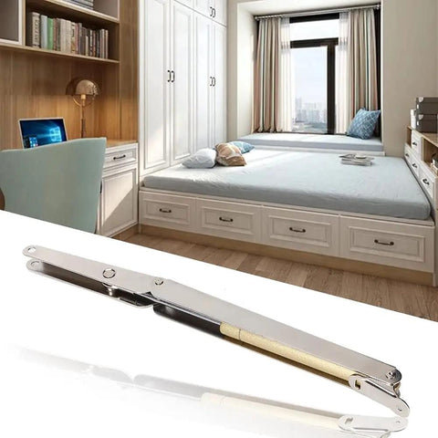 Beefy Heavy Duty Folding Shelf Bracket Stainless Steel Space Saving Drop Leaf Support For Tables Desks And Kitchen Counters 12.6 Inch Pneumatic Rod Mechanism Includes Install Parts 100N Capacity shown in cozy bedroom setup.