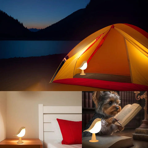 Cordless Bird Night Light With Touch Dimmer inside a tent and next to a dog and bed, rechargeable hummingbird lamp