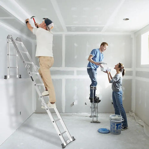 15.5 Feet Aluminum Folding Ladder 7 In 1 Multi Position Workhorse With Secure Click And Lock System Six Joints Converts To Scaffold Leaning Ladder And Stepladder EN131 Standard 330 Lb Capacity For Home And Jobsite. used as a leaning ladder during interior painting