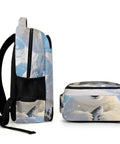 Side view of Frosty Polar Bear Printed Unisex Backpack with strong zippers and compartments, large capacity for everyday carry.