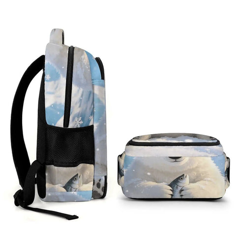 Side view of Frosty Polar Bear Printed Unisex Backpack with strong zippers and compartments, large capacity for everyday carry.