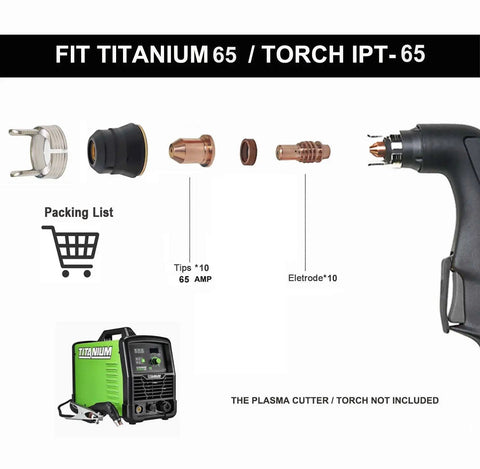 Plasma Cutter Consumables Kit For 65 Amp Titanium Torch, Includes 10 Tips 59164 And 10 Electrodes 59182, Replacement OEM-Style