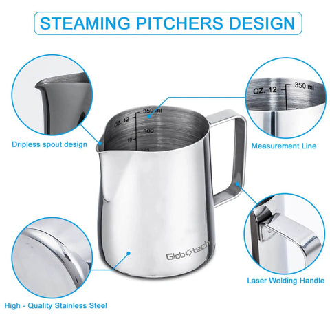 Stainless Steel Milk Frothing Pitcher 12 Oz 350ml For Latte Art And Creamy Foam, Espresso Machine Accessory with spout and handle details