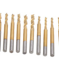 10-piece Ti-plated tungsten steel end mills set with round shank, 3-flute CNC cutters for wood and acrylic