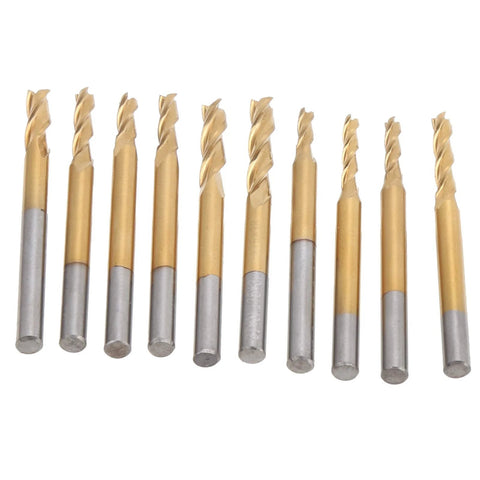 10-piece Ti-plated end mills, 3-flute, round shank for engraving and milling in hardwood, plywood, acrylic.