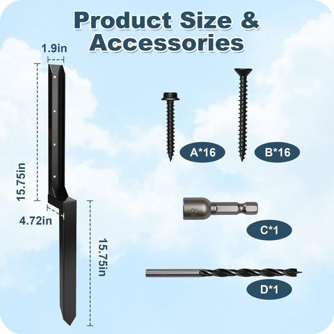 4 Pack Heavy Duty Fence Post Repair Stakes Tough Steel Anchors, accessories for installation, size details included.
