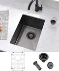Undermount 14 Inch Bar Sink Black Stainless Steel Single Bowl 16 Gauge Dope Durable Wet Bar Prep RV Camper Outdoor Kitchen Sink With Bottom Grid And Drain installed on countertop with accessories.