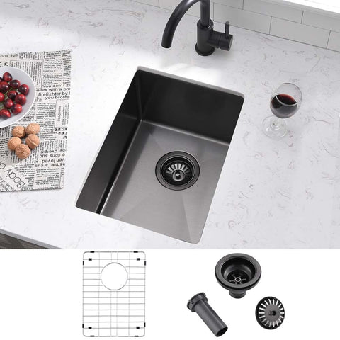 Undermount 14 Inch Bar Sink Black Stainless Steel Single Bowl 16 Gauge Dope Durable Wet Bar Prep RV Camper Outdoor Kitchen Sink With Bottom Grid And Drain installed on countertop with accessories.