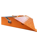 Side view of orange Stainless Steel Cable Drum Roller Reel Dispenser Stand For Wire Reels 30cm To 70cm Diameter Up To 50cm Wide Reels Heavy Duty Cable Reel Support And Guide Roller on white background