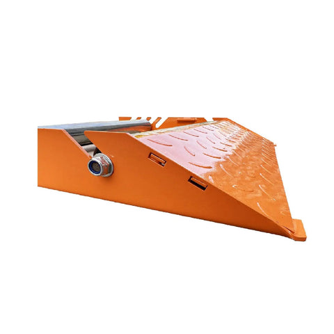 Side view of orange Stainless Steel Cable Drum Roller Reel Dispenser Stand For Wire Reels 30cm To 70cm Diameter Up To 50cm Wide Reels Heavy Duty Cable Reel Support And Guide Roller on white background