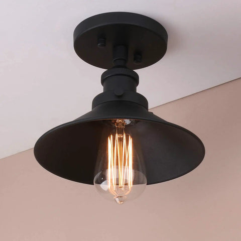 Vintage Farmhouse Ceiling Light With Metal Shade For Hallways, Kitchens, Lofts And Bars, Matte Black Semi Flush Mount Fixture