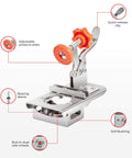 Metal Concealed Cabinet Hinge Clamp Fixture With Precision Locking Adjustable Punch Locator Stainless Steel Woodworking Jig For Easy Hinge Installation Hidden Door Hardware Tool By Imbot with labeled parts like quick-release clip and adjustable pressure plate