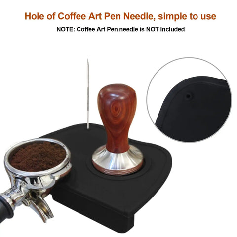 Espresso Tamper Mat For Home Barista Setup, Food Safe Silicone Coffee Tamp Pad With Anti Slip Surface, Corner Tamping Pad shown with tamper