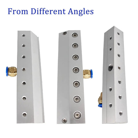 Heavy Duty Aluminum Air Knife Blower With Quarter Inch Port for quick drying, showing multiple angles and threaded ports.