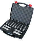 Annular cutter kit, front view in open carry case, 12 silver cutters for magnetic drills, widths 7/16–1-1/8 in.