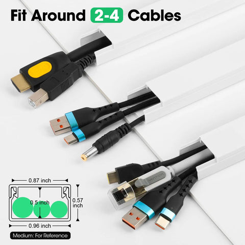 Cord Hider Kit 110 Inch Self Adhesive Wall Cable Covers showing cables inside with dimensions and fittings for cable management.