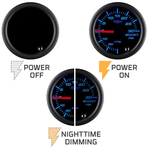 GlowShift 52mm boost/vacuum gauge with blue backlit dial and smoked lens (front view)