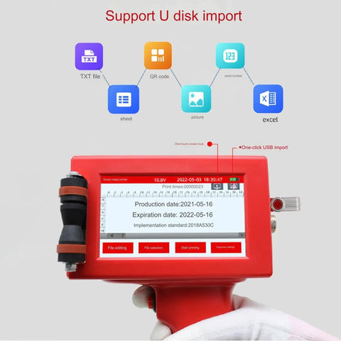 Compact Handheld Inkjet Printer With Four Point Three Inch Screen showing touchscreen interface with print settings and file import options.