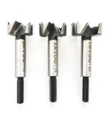 Badass Forstner Bit Set With A Nifty Hex Shank 1-1/8 Inch 1-1/4 Inch 1-3/8 Inch Wood Drill Bits Featuring Razor Sharp Spurs, showing three bits.