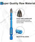 Close-up of cross helix carbide drill bit from the Badass Dry Diamond Tile Drill Bit Set With Magnetic Phillips Ph2 Screwdriver Bits.