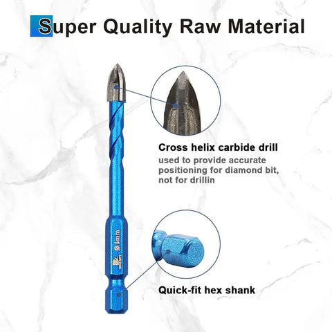 Close-up of cross helix carbide drill bit from the Badass Dry Diamond Tile Drill Bit Set With Magnetic Phillips Ph2 Screwdriver Bits.