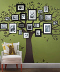 Family Tree Wall Decal in Chestnut Brown, 107 Inches Wide By 90 Inches Tall, Matte Vinyl Peel and Stick on green wall with photo frames