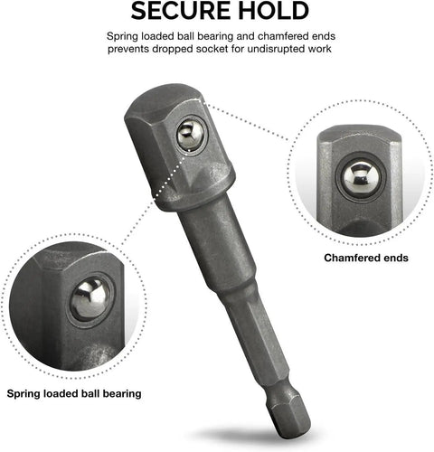 Nine-Piece Socket Extension And Drill Bit Set In Cr-V Steel With Magnetic Bit Holder showing spring loaded ball bearing
