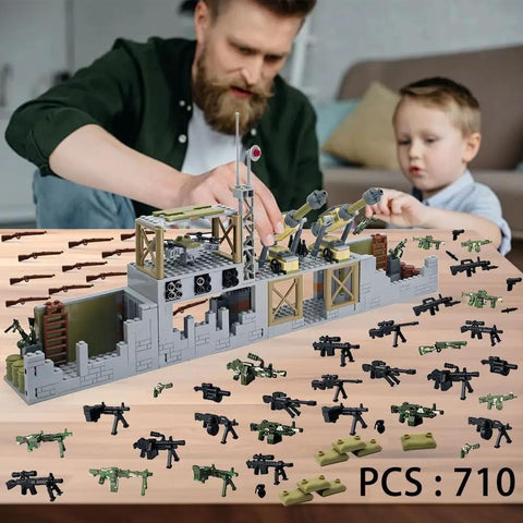 Epic Military Base Building Set With 710 Pieces For Kids 9-12 including drone, weapons, and army minifigure on display