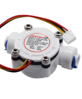 No-Nonsense Quarter Inch Quick Connect Water Flow Sensor Hall Effect Meter, white sensor with colored wires and quick-connect fittings