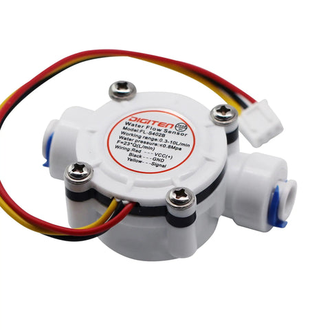 No-Nonsense Quarter Inch Quick Connect Water Flow Sensor Hall Effect Meter, white sensor with colored wires and quick-connect fittings